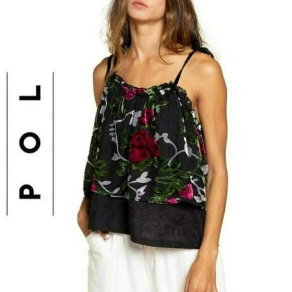 NWT POL Flower Burnout Velvet Embroidered Double Layered Ruffle Trim Cami Top - Picture 1 of 8
